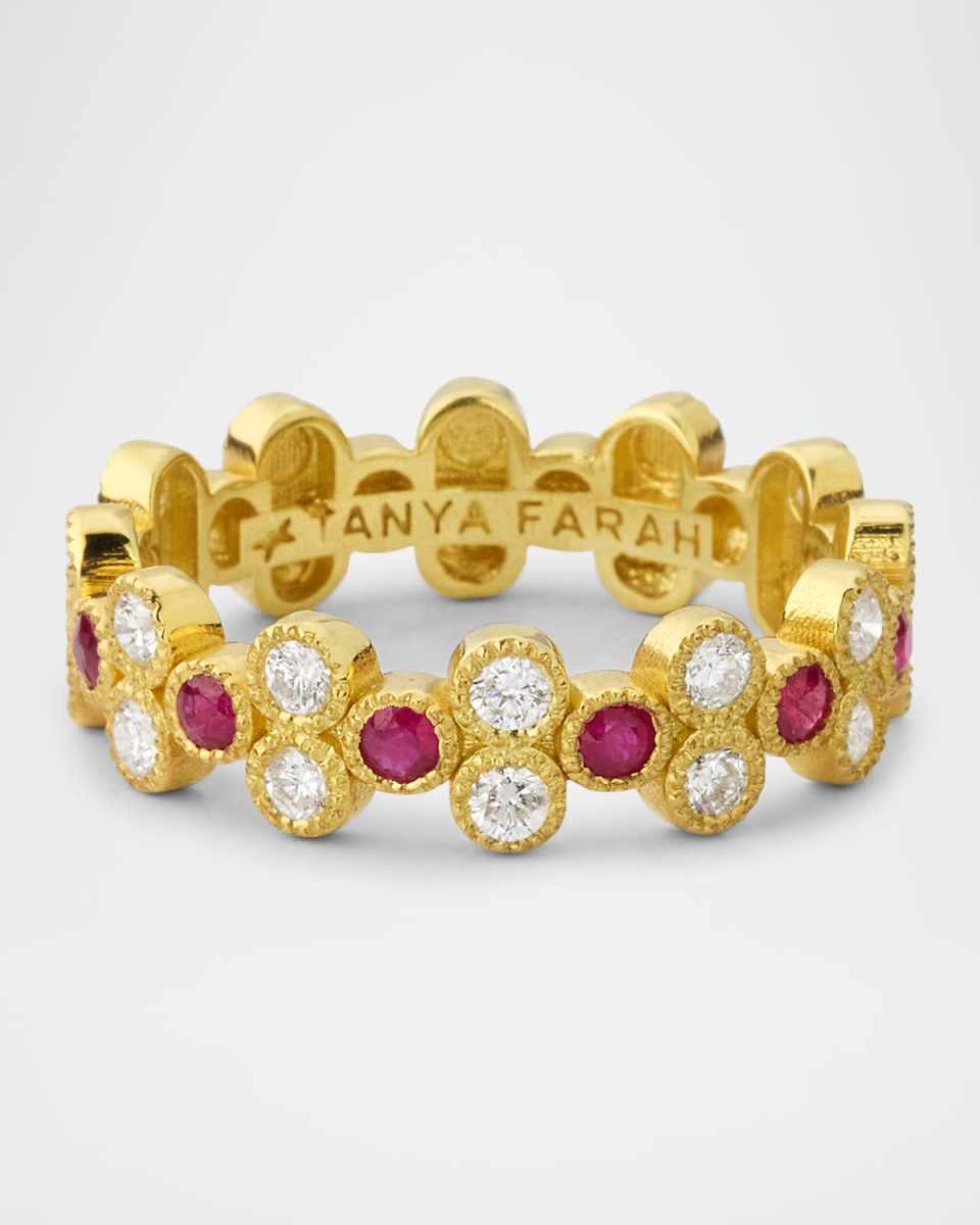18K Yellow Gold White Diamond and Ruby Cluster Stack Ring
